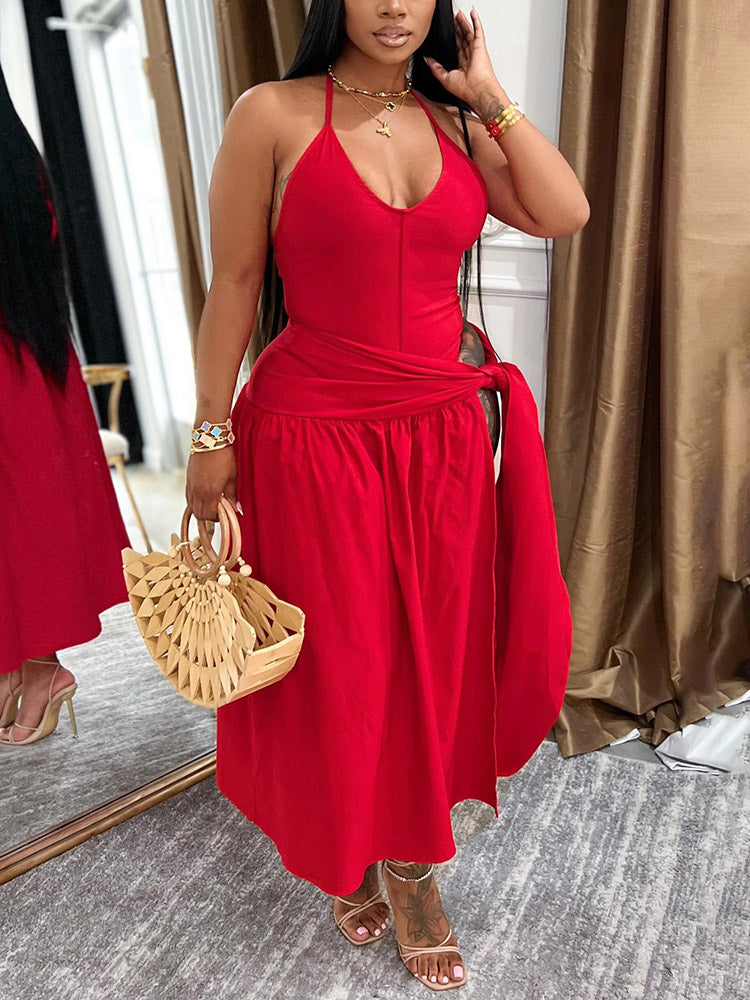 Beach Halter Bodysuit & Wrap Tie Skirt Set