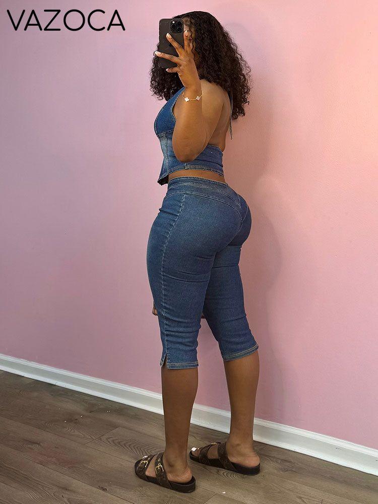 Denim Halter Crop Top & Capri Set