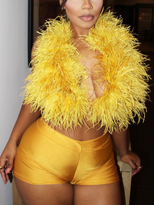 Feather-Trimmed Top & Satin Shorts Set