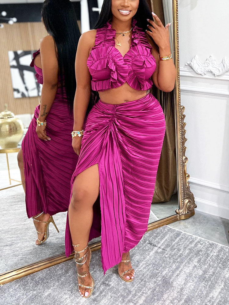 Satin Ruffle Crop Top & Skirt Set