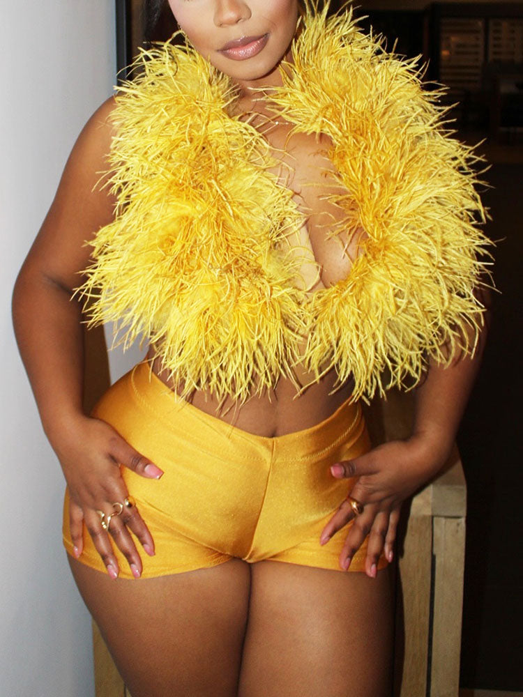 Feather-Trimmed Top & Satin Shorts Set