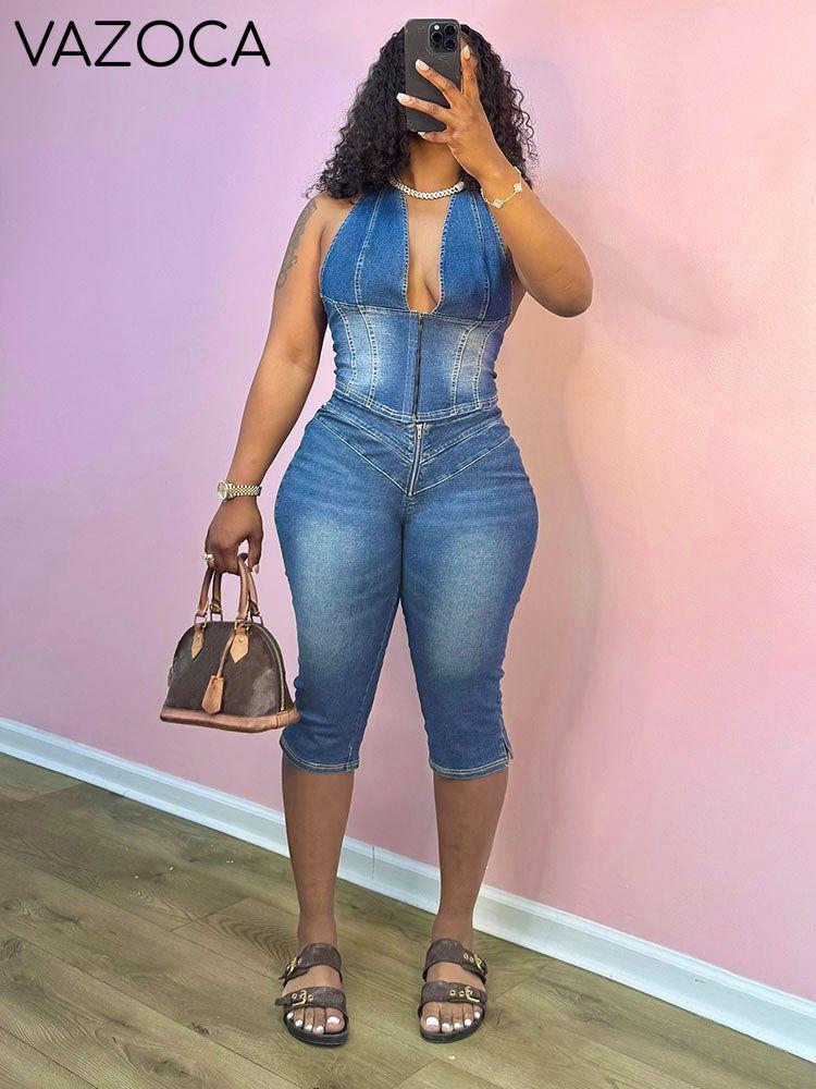 Denim Halter Crop Top & Capri Set Blue