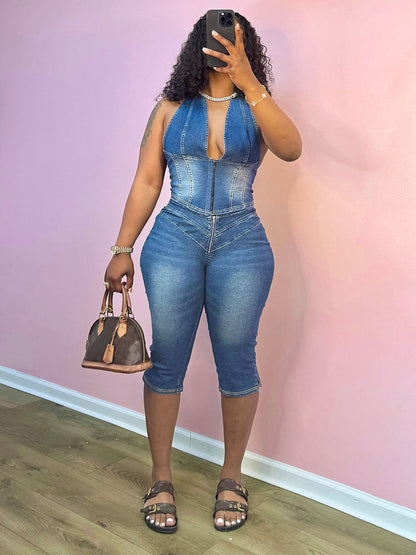 Denim Halter Crop Top & Capri Set