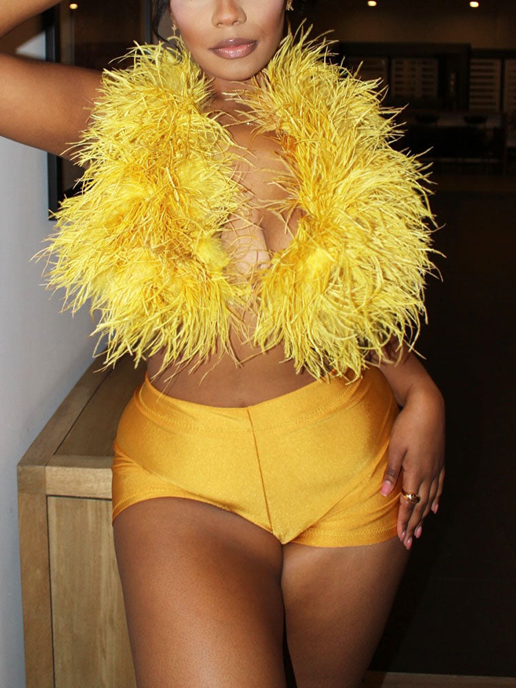 Feather-Trimmed Top & Satin Shorts Set