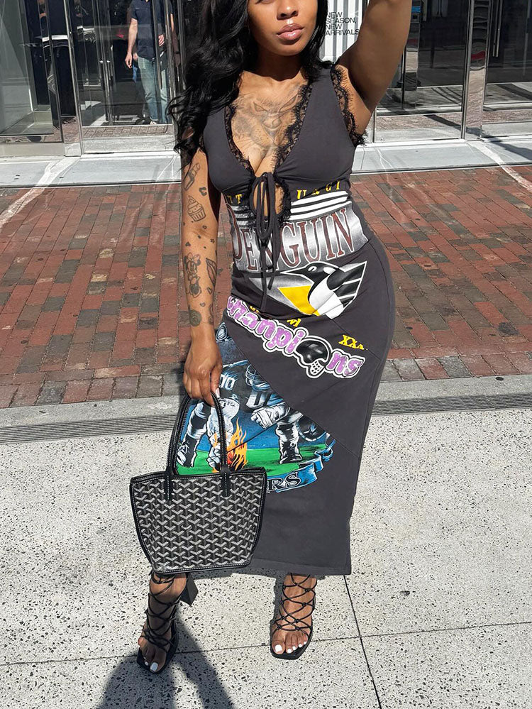 Lace-Trim Graphic Maxi Dress