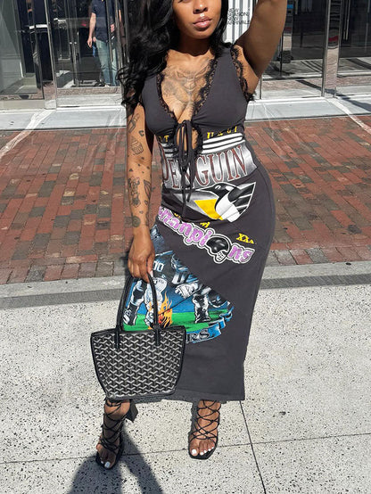 Lace-Trim Graphic Maxi Dress