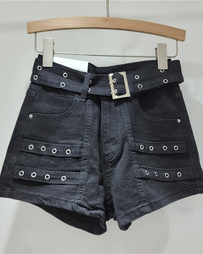 Retro High Waist Loose Stretch Denim Shorts Black