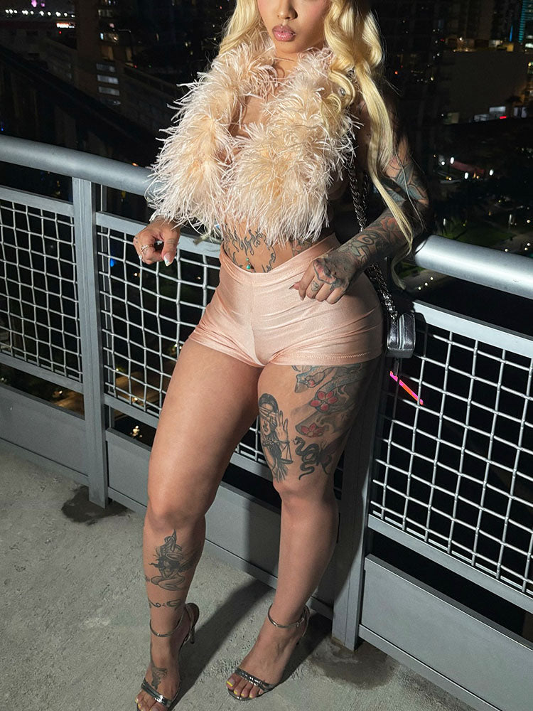 Feather-Trimmed Top & Satin Shorts Set