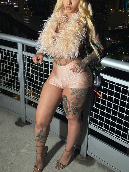 Feather-Trimmed Top & Satin Shorts Set