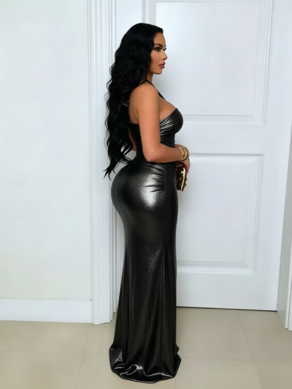 Metallic Halter Slit Maxi Dress