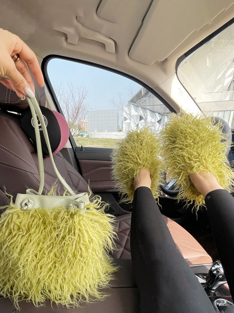 Fluffy Fur Bag & Slides Set
