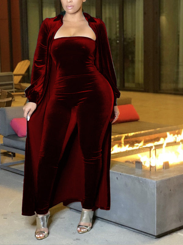 Gorgeousladie Velvet Jumpsuit & Duster Set