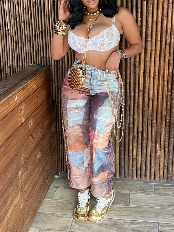 Morchique Abstract Colorblock Loose Casual Jeans