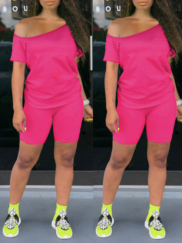 Solid Boat-Neck Tee & Biker Shorts Set