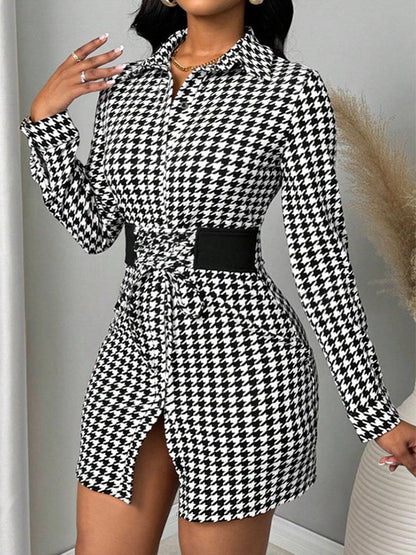 Houndstooth Lace-Up Dress
