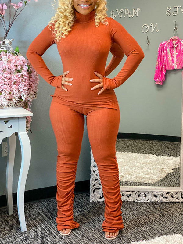 Morchique Ribbed Turtleneck Tee & Ruched Pants Set