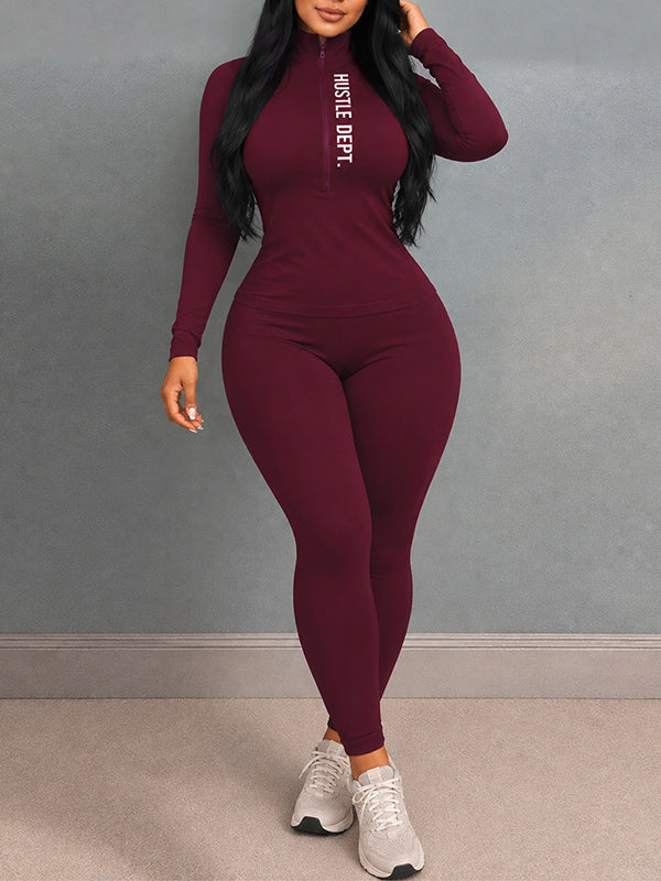 Letter-Print Zip-Up Top & Skinny Pants Set