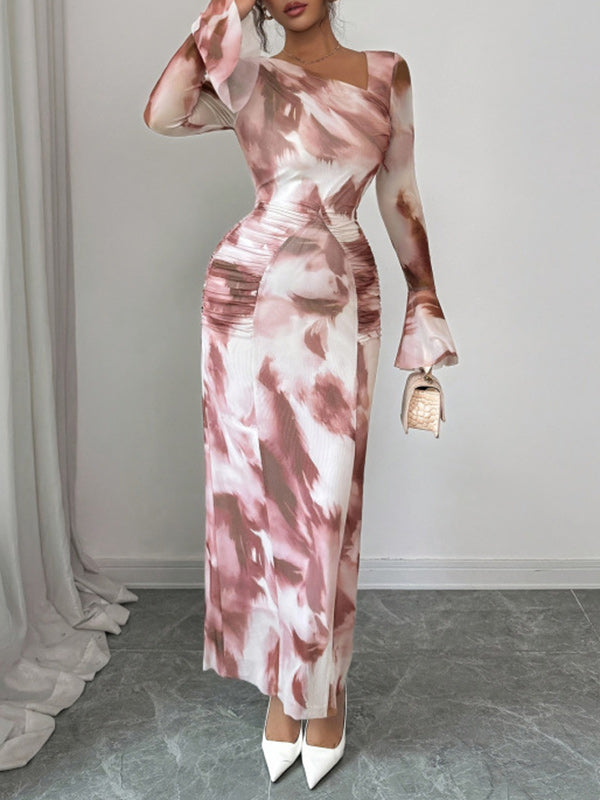 Printed Asymmetric-Neck Maxi Dress