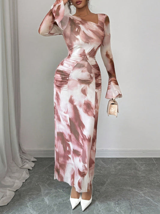 Printed Asymmetric-Neck Maxi Dress
