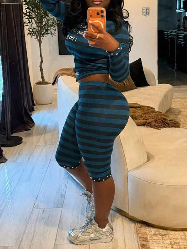Stripe Stud Hooded Top & Capri Pants Set