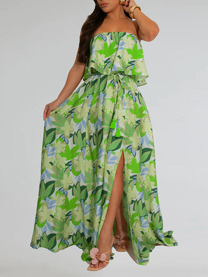 Printed Strapless Slit Dress