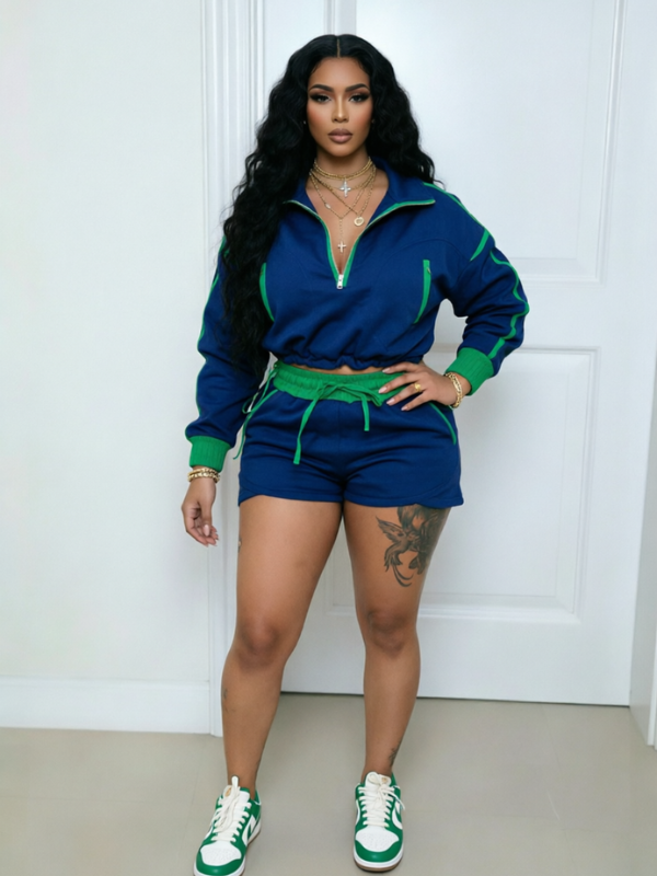 Contrast Zip Top & Shorts Set