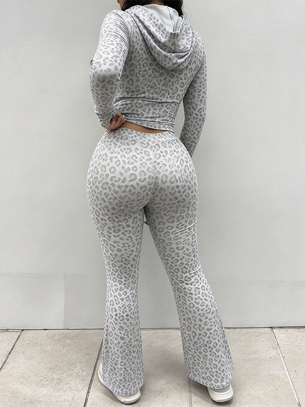 Leopard Hooded Top & Flare Pants Set