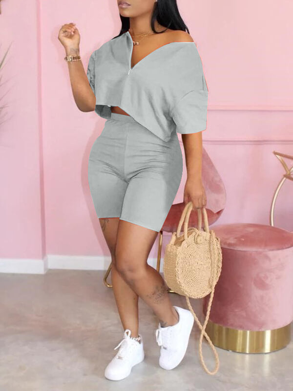 Solid Zip Top & Shorts Set