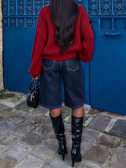 Denim Paneled Double Zip Sweater