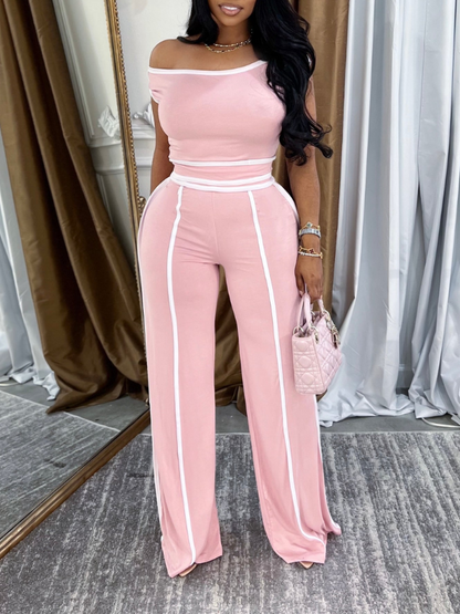 Morchique Piping Off-Shoulder  Short Top & Pants Set