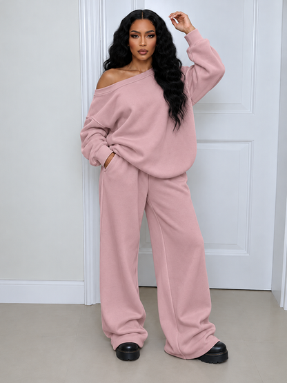 Solid Boat Neck Top & Pants Set