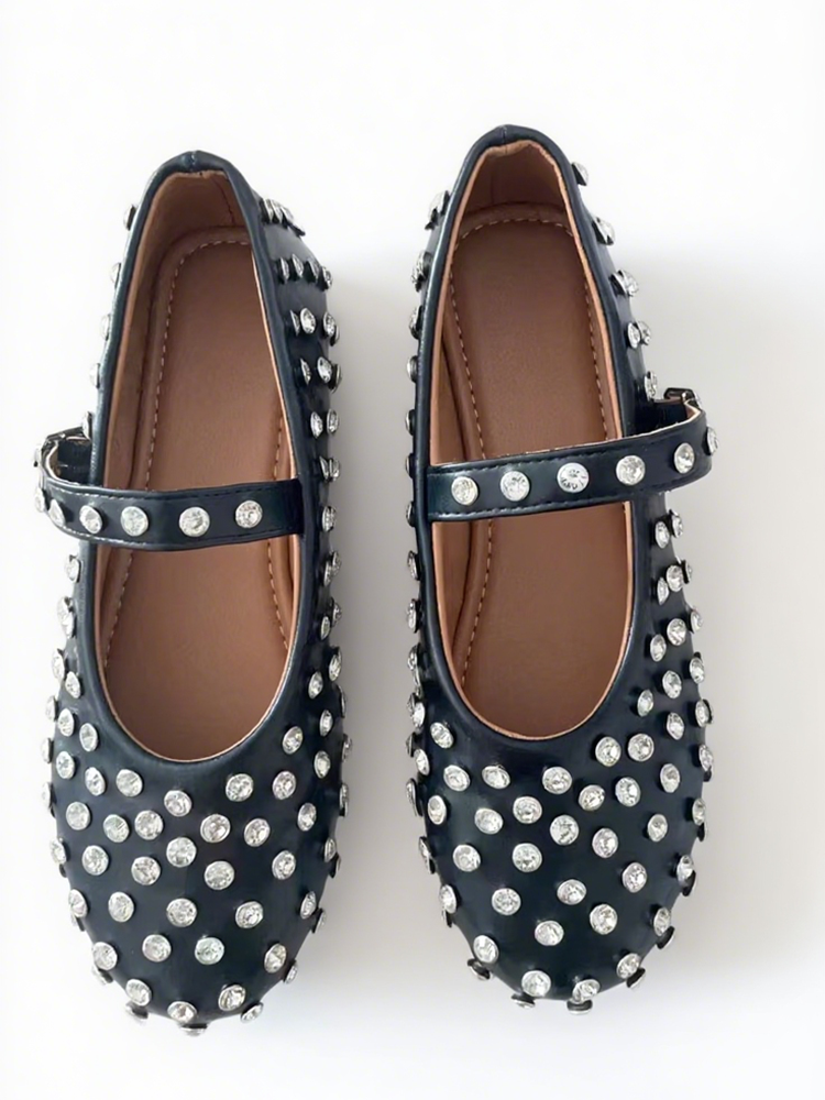 Rhinestone Leather Ballet Flats