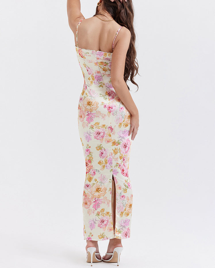 Printed Suspender Long Skirt Sexy Open Back Slit Holiday Style Floral Dress