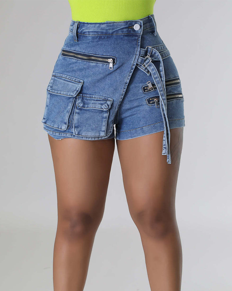 Stretch-Zip Multi-Pocket Denim Shorts