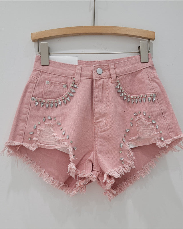 Diamond-Encrusted Frayed Denim Shorts Pink S