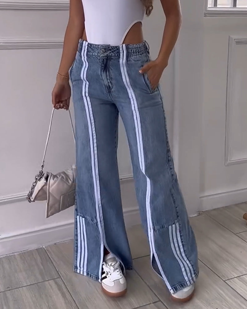 Loose High-Waisted Jeans With Vertical Slits (Pre-sale) Lightblue