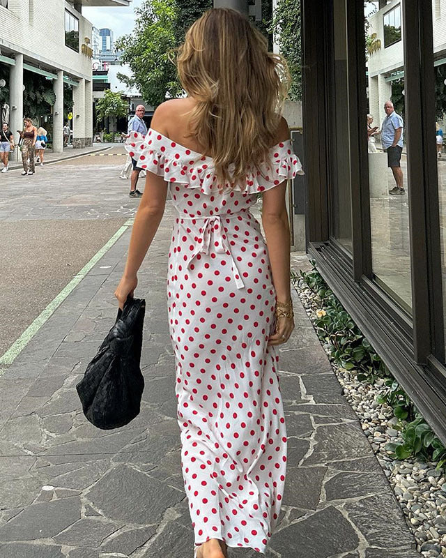 Polka Dot Print Sexy Waist Ruffle Slip Dress