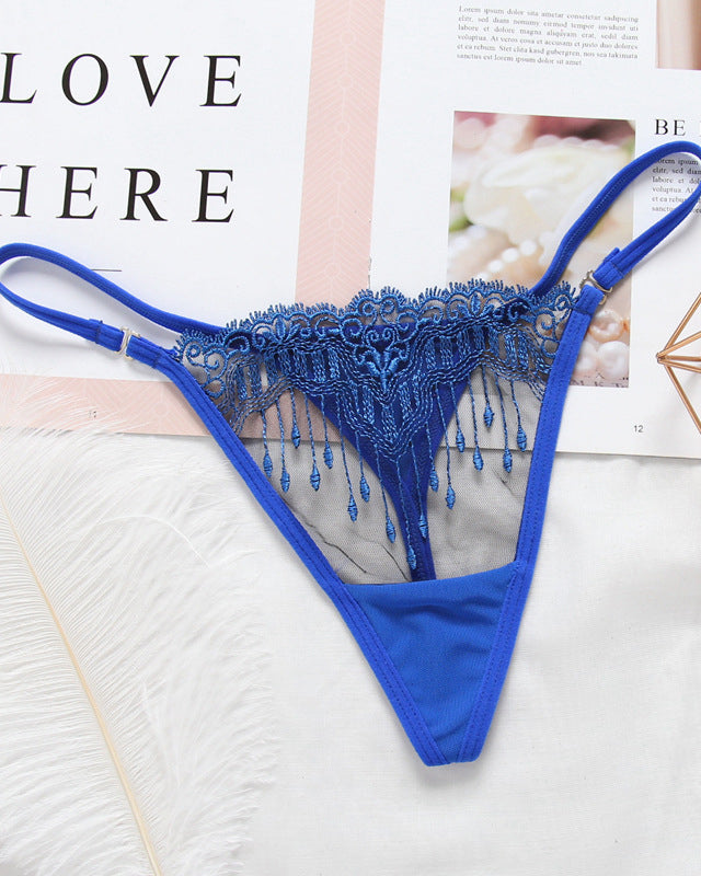 Thin Transparent Embroidered Seamless Women’s Underwear Thong Blue M