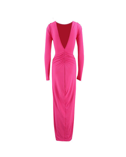 Reversible Pleated Long-Sleeved Backless Maxi Dress