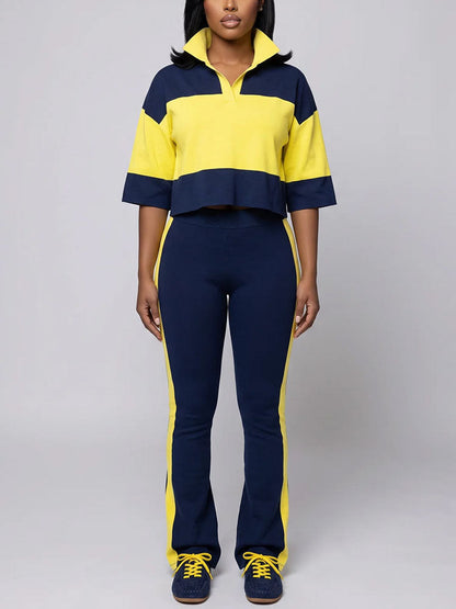 Colorblock Cropped Polo Top & Flare Leggings Set