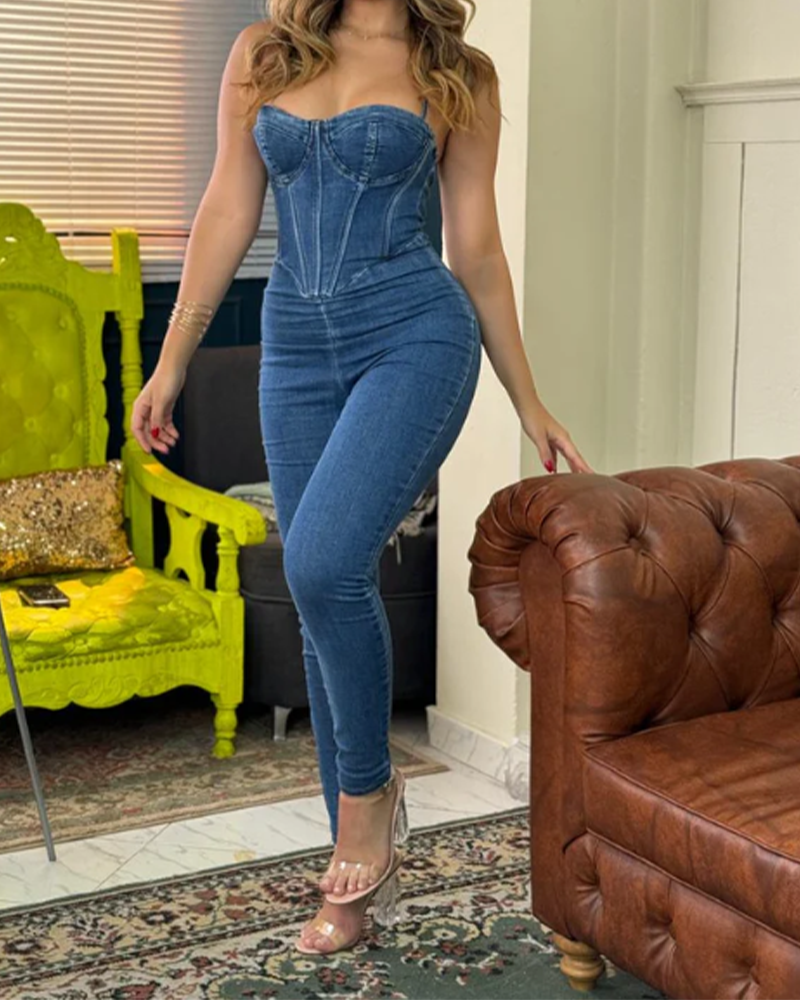 Slim-Fitting Panelled Blue Denim Jumpsuit (Pre-Sale)