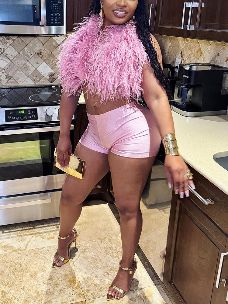 Feather-Trimmed Top & Satin Shorts Set