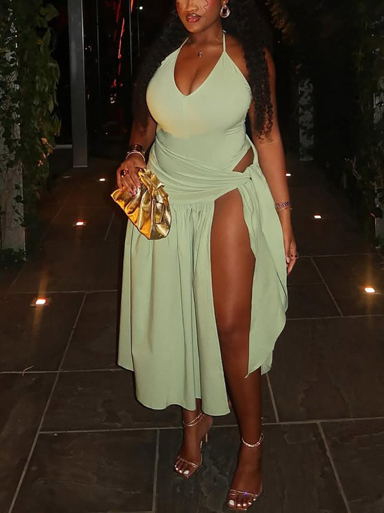 Beach Halter Bodysuit & Wrap Tie Skirt Set