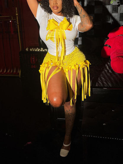 Bow Crop Top & Lace Shorts Set