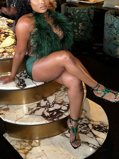 Feather-Trimmed Top & Satin Shorts Set