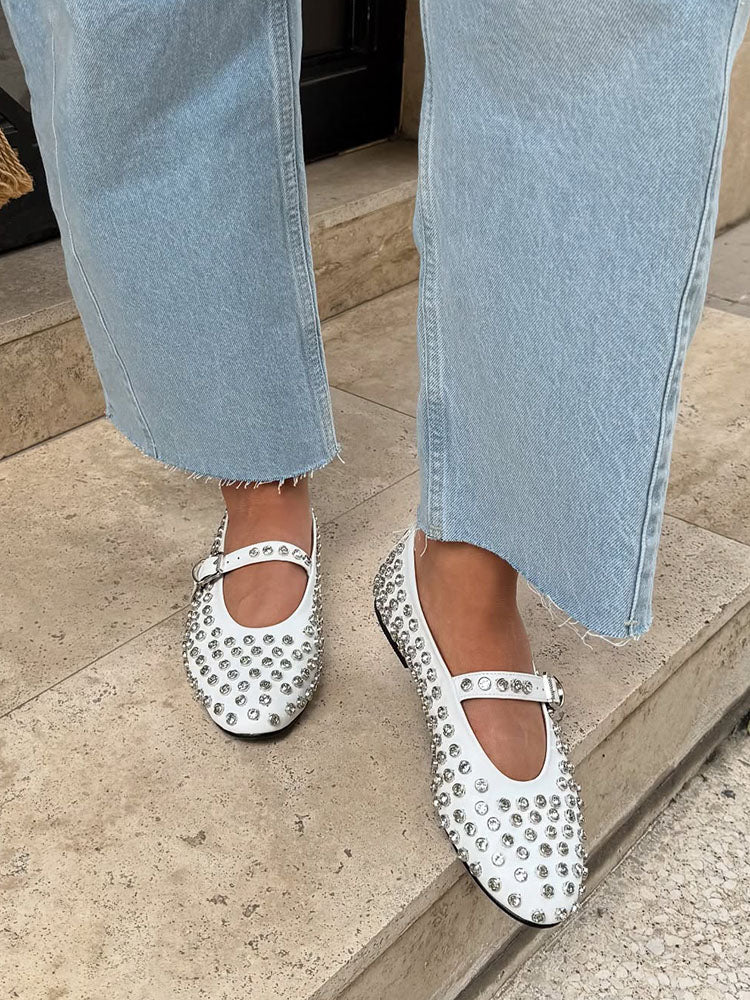 Rhinestone Leather Ballet Flats