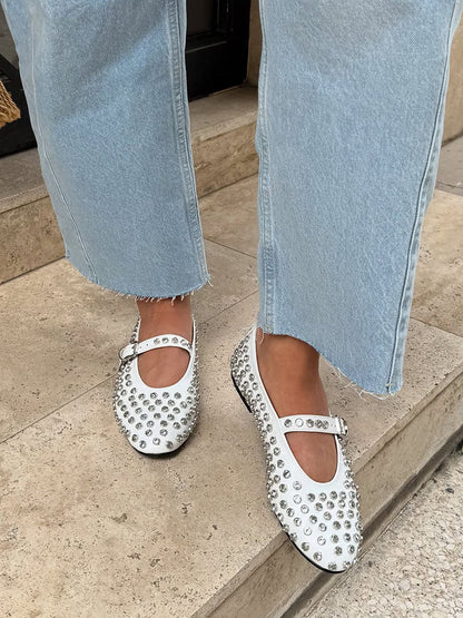 Rhinestone Leather Ballet Flats