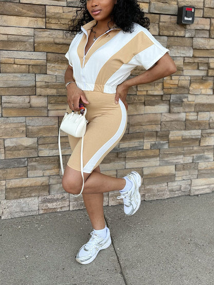 Sporty Contrast Jacket & Biker Shorts Set