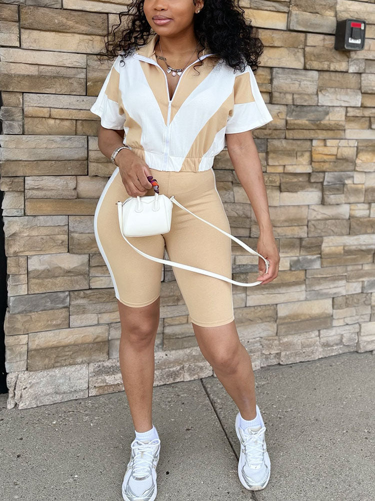 Sporty Contrast Jacket & Biker Shorts Set