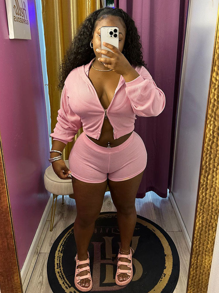 Athleisure Ribbed Three Piece Shorts Set